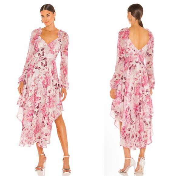 SAU LEE Georgia Floral Asymmetrical Ruffle Long Sleeve Pink Midi Dress Size 8 - Picture 1 of 11